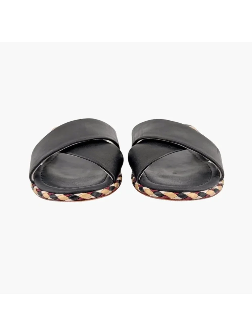Chanel CC Braided Slide Sandals Black Leather Size 39C US 8-8.5 Wide Flat Mule